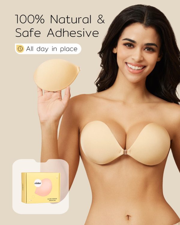 Niidor Adhesive Bra Strapless Sticky Invisible Push up Silicone Bra for Backless Dress with Nipple Covers Nude(B Cup) - Image 4